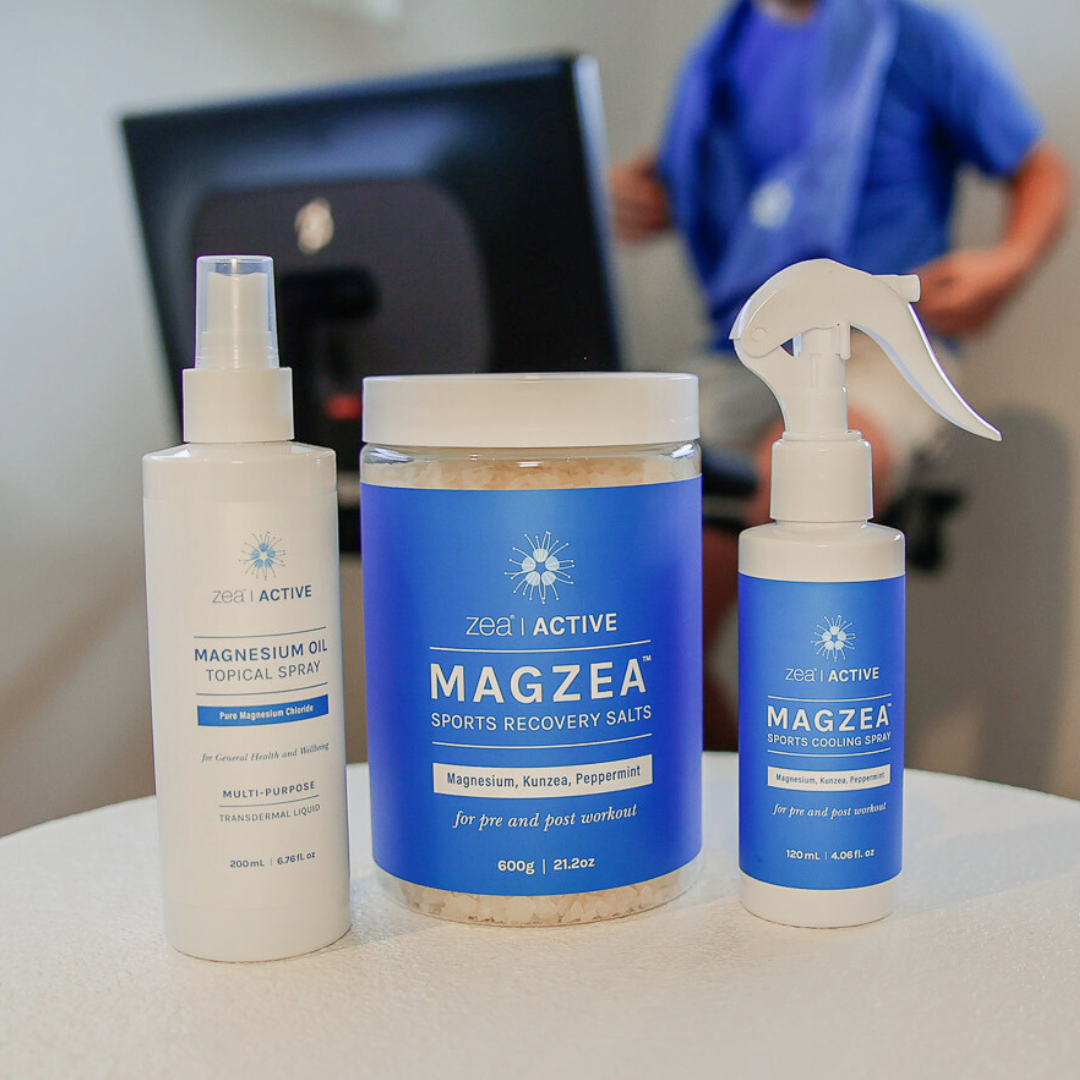 Zea Active MAGZEA Sports Recovery Salts and Magnesium Oil Spray on a bench