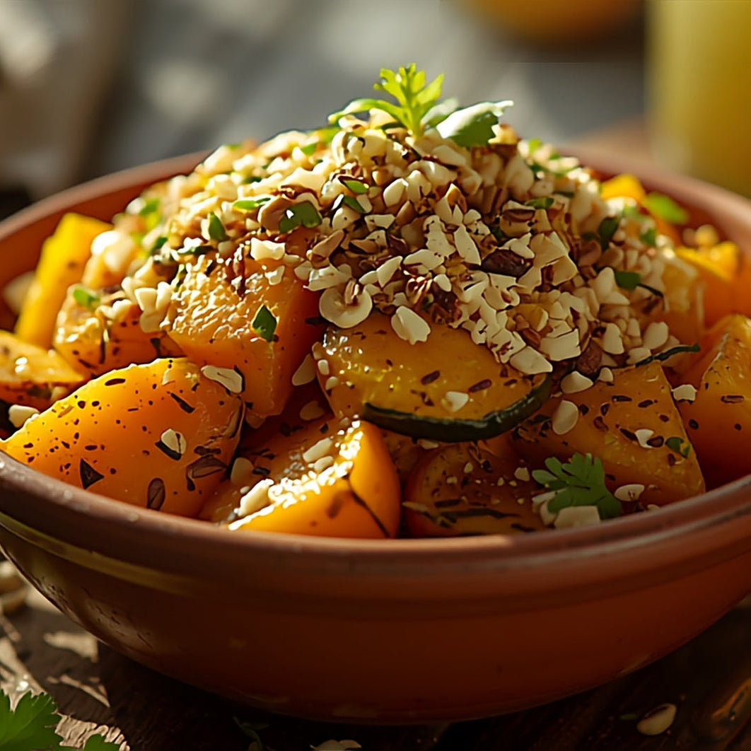 A platter of roasted pumpkin and pan-fried zucchini tossed in a Bush Dukkah marinade on an outdoor barbecue table, with a grill and jug of lemonade in the background